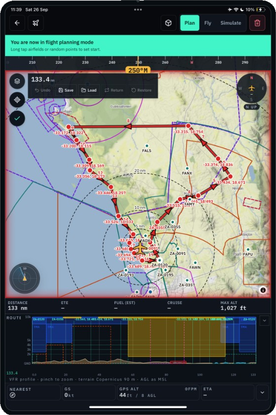 Chock on iPad in flight planning mode, with a Cape route, airspace, and terrain profile