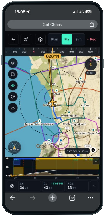 Chock on iPhone in fly mode over the Cape Town basin